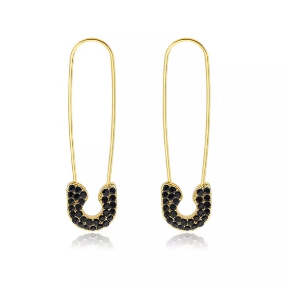 Jewelry - Gold safety pin earrings black diamonds NEW